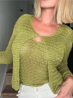 Vintage Sophie Chan Green Beaded Crochet Knit Twinset Set L